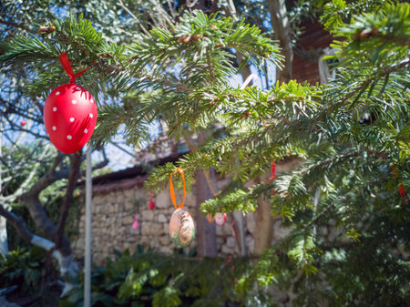 Easter Eggs on the trees. Traditional bulgarian national decoration for Easter. high quality photoのeditorial素材