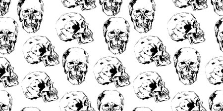 Hand-painted Human skull vector illustration at ink style. Seamless pattern. Vector illustrationのイラスト素材