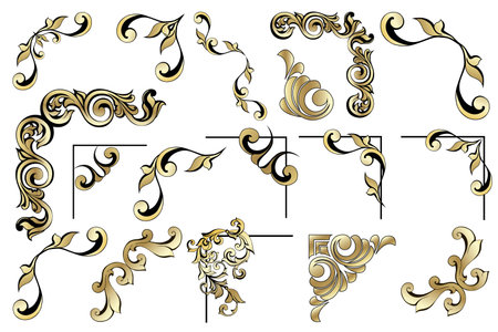 Vector set of vintage baroque corners and dividers.Border,angle,swirl,antique acanthus,damask scroll ornament swirl.Victorian monogram heraldic shield swirl.Retro floral leaf pattern border foliage . vector illustrationのイラスト素材