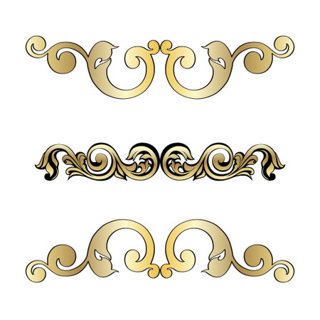 Vector set of vintage baroque corners and dividers.Border,angle,swirl,antique acanthus,damask scroll ornament swirl.Victorian monogram heraldic shield swirl.Retro floral leaf pattern border foliage . vector illustrationのイラスト素材