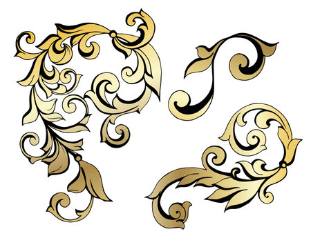 Vector set of vintage baroque corners and dividers.Border,angle,swirl,antique acanthus,damask scroll ornament swirl.Victorian monogram heraldic shield swirl.Retro floral leaf pattern border foliageのイラスト素材