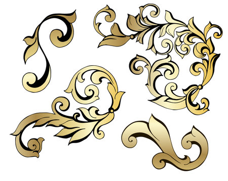 Vector set of vintage baroque corners and dividers.Border,angle,swirl,antique acanthus,damask scroll ornament swirl.Victorian monogram heraldic shield swirl.Retro floral leaf pattern border foliageのイラスト素材