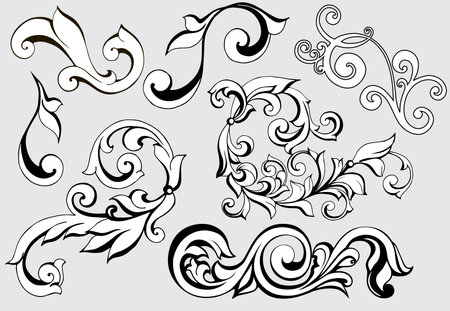 Vector set of vintage baroque corners and dividers.Border,angle,swirl,antique acanthus,damask scroll ornament swirl.Victorian monogram heraldic shield swirl.Retro floral leaf pattern border foliageのイラスト素材