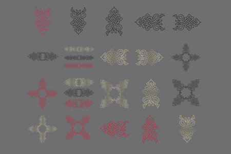 Set of oriental arabic scandinawian damask vintage baroque scroll ornament swirl. Victorian monogram heraldic shield swirl. Retro floral leaf pattern border foliage antique acanthus calligraphy engraved tattoo.Tile decor elementのイラスト素材
