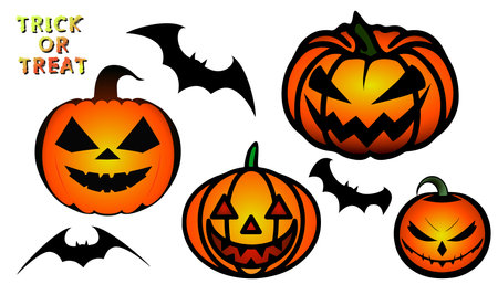 Vector Halloween set, Jack o Lantern pumpkin laughing scary face and flying black batsのイラスト素材