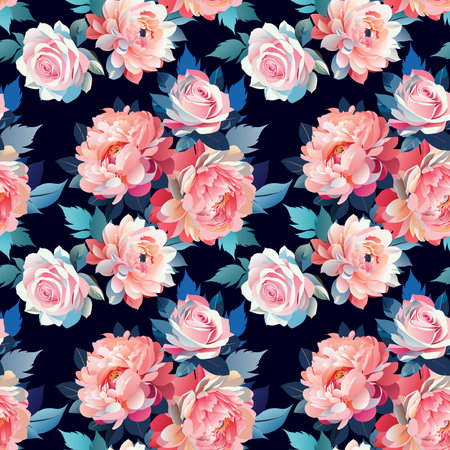 Roses and peonies with leaves seamless reversible pattern. Fabric clothes vintage decorative print. Hand drawn vector flower abstract background.のイラスト素材