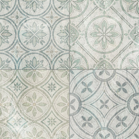 Grunge concrete wall with ornaments and prints. Digital tiles design. 3D render Colorful ceramic wall tiles decoration. Abstract damask patchwork backgroundの写真素材