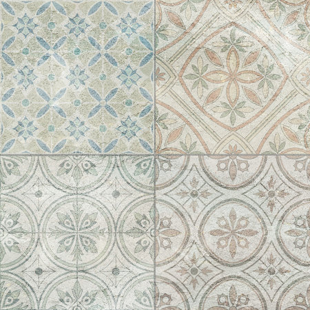 Grunge concrete wall with ornaments and prints. Digital tiles design. 3D render Colorful ceramic wall tiles decoration. Abstract damask patchwork backgroundの写真素材