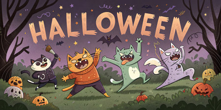 Playful cats in Halloween costumes dancing among pumpkins and bats under full moon in a spooky forest. Fun and festive holiday concept for posters or cards..の素材