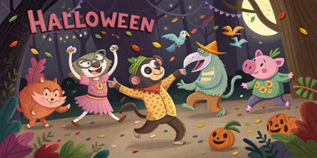 Cute animals wearing costumes dancing and laughing at Halloween night under the moonlight in autumn forest with pumpkins and falling leaves. Warm joyful festive mood..の素材