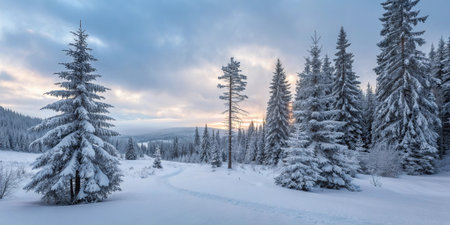 Snow covered pine forest with winter sunrise in mountains panoramic landscape.の素材