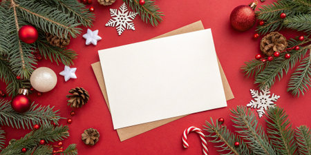 Flat lay Christmas composition with blank card and envelope surrounded by wreath, fir branches, ornaments, pinecones and fairy lights on red background. .の素材