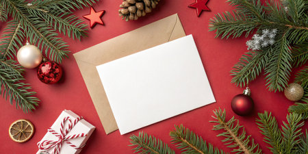Christmas greeting card mockup with festive wreath and ornaments on red background.の素材