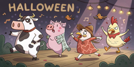 Funny animals dancing at Halloween party in parkの素材