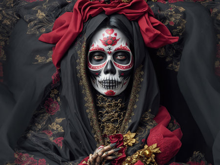 Santa muerte Female figure with detailed sugar skull face paint, wearing a black lace dress and floral accessories, Mexican death mask La Catrina for santa muerte - day of the dead holidayの素材