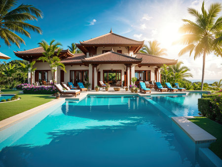 Beautiful modern tropical villa surrounded by palm trees with sun loungers and clear blue swimming pool. Sunny exotic resort atmosphere.の素材