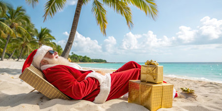 Funny tropical Christmas scene with Santa Claus resting on sandy beach under palm trees beside golden presents. Blue sea and bright sky create a festive vacation mood.の素材