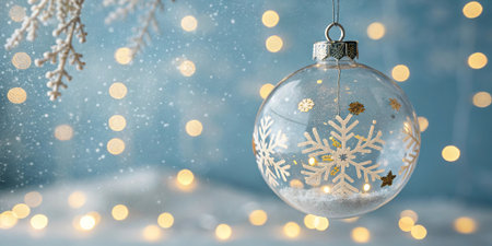 Elegant transparent Christmas bauble with golden snowflakes hanging on a frosty pine branch with warm bokeh lights. Winter holiday decoration concept. .の素材
