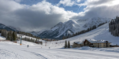 Bright winter ski area with clear blue sky, snowy slopes, distant skiers, chairlift line and alpine mountains. Cozy lodge near forest edge.の素材