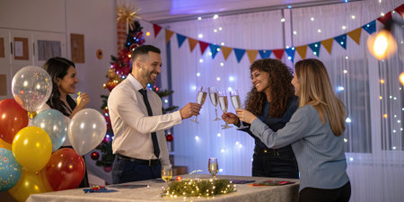 Group of office coworkers enjoying a Christmas celebration with champagne beside decorated tree and lights in a festive workplace setting. .の素材