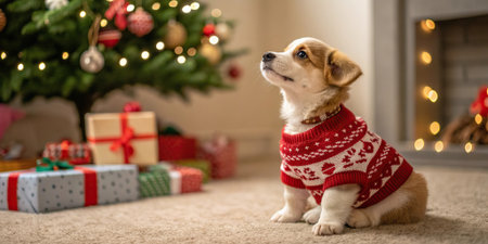 Cozy holiday living room with golden retriever puppy resting near glowing fireplace, decorated Christmas tree, garlands and wrapped gifts creating a warm festive atmosphere.の素材