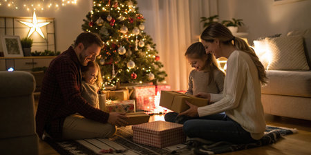 Warm cozy Christmas scene with parents and daughter opening gifts near glowing festive tree in soft evening lightの素材