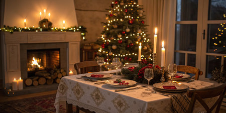 Warm cozy Christmas dinner table with candles food and glowing festive tree in soft evening lightの素材