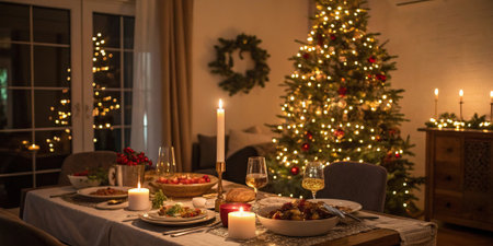 Warm cozy Christmas dinner table with candles food and glowing festive tree in soft evening lightの素材