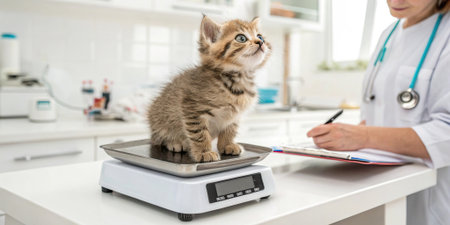Young tabby kitten is on a white veterinary table while a smiling veterinarian performs a gentle medical check in a bright clinic interior. .の素材