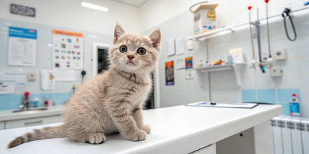 Adorable light fur kitten sitting on a white veterinary table in a clean bright clinic room with medical equipment in the background. Calm mood and soft colors.の素材