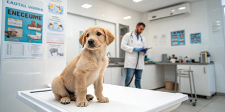 Cute golden retriever puppy sitting on veterinary examination table with a veterinarian in a bright medical clinic interior. Calm mood and clean white setting.の素材