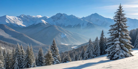 Peaceful panoramic winter landscape with snowy mountain peaks evergreen forest and bright sunlight highlighting the serene alpine valley in cold blue tones. .の素材