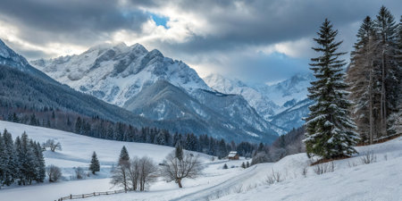 Tranquil winter alpine landscape with snowy mountains glowing in warm sunset lightの素材