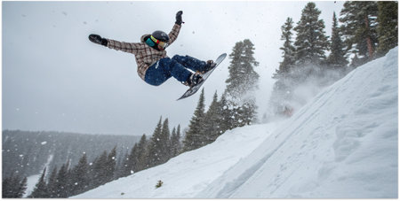 Dynamic winter action scene with happy adult male snowboarder carving on snowy mountain slope, forest and valley view behind. Adventure sport and travel lifestyle concept. .の素材