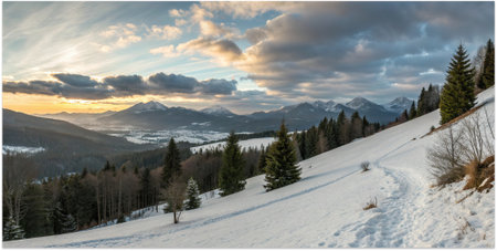 Scenic winter mountain view with snow covered slopes evergreen pine forest and rocky peaks in warm sunset light. Peaceful alpine nature with copy space. .の素材