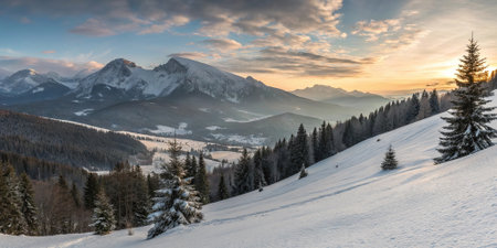 Scenic winter mountain view with snow covered slopes evergreen pine forest and rocky peaks in warm sunset light. Peaceful alpine nature with copy space. .の素材