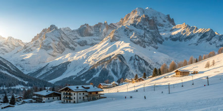 Winter alpine landscape with snowy ski resort village, wooden chalets, ski slopes and majestic mountains under blue sky. Travel and vacation concept. .の素材