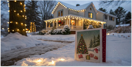 Festive Christmas card standing in snow near lantern and tree wrapped with lights in front of cozy winter house. .の素材