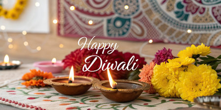 Diwali festival scene with traditional oil lamps marigold and chrysanthemum flowers warm lights and joyful atmosphere. Indian holiday decor with copy space.の素材