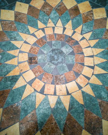 Mediterranean ceramic tiles with colorful floral geometric motifs.Portuguese azulejo tiles, mexican talavera, italian spanish majolica.Vintage tiled floor print for ceramic or fabric design