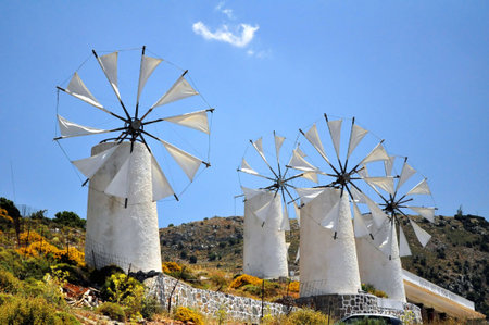 Traditional wind mills in the Lassithi plateau, Crete, Greece.の写真素材