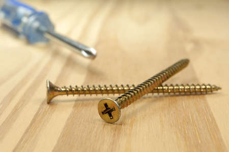 Screws and screwdriver on piece of wood.の写真素材