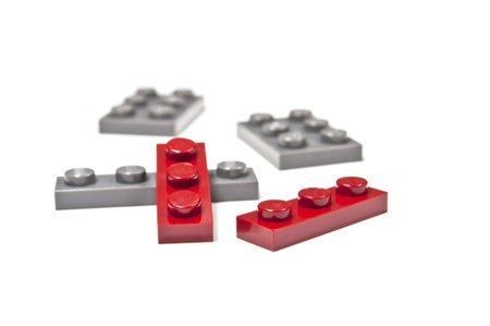 Display of isolated building blocks on white background.