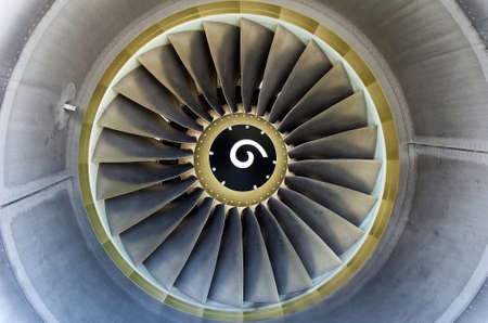 Close up of a turbofan jet engine in modern airliner.の写真素材