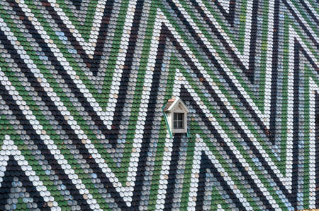 Detailed view of colorful wooden roof shingles の写真素材
