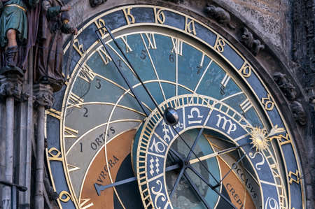 Close up view of the astronomical clock of Prague, Czech Republic.の写真素材