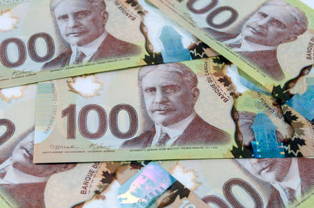 Close up view of new 100 Canadian dollar banknotes.の写真素材