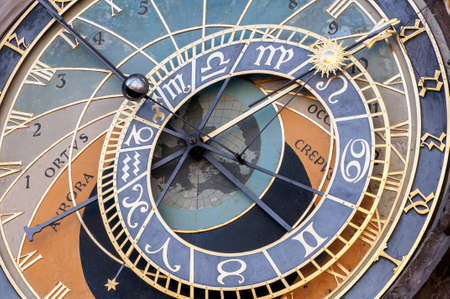 Close up view of the astronomical clock of Prague, Czech Republic.の写真素材