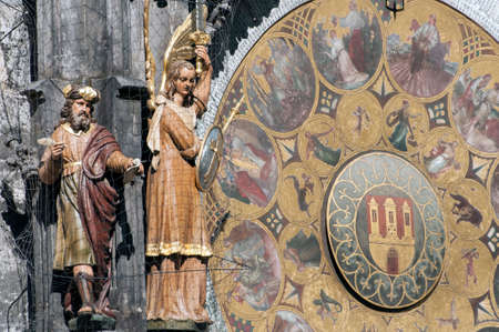 Close up view of the astronomical clock of Prague, Czech Republic.の写真素材