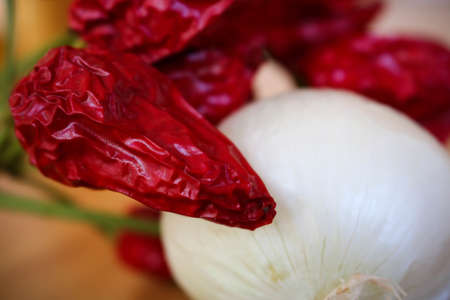 Combination of Spices, Dried Chili Pepper and Onionの写真素材